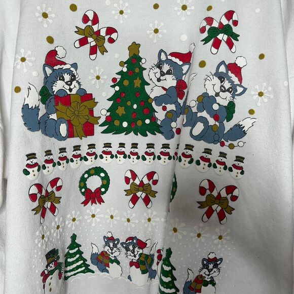 White vintage 90s 1990s Christmas cat kitten crewneck sweatshirt 2XL - Picture 2 of 6